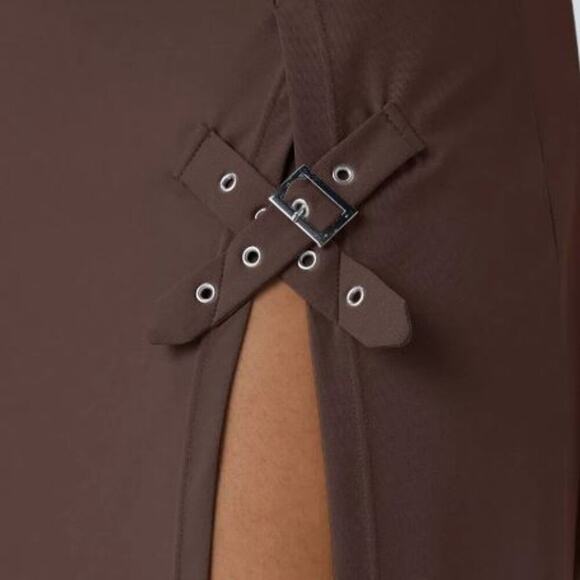 Halara Brand NWT Brown Size XL High Waisted Decorative Buckle Split Maxi Skirt - Picture 2 of 6